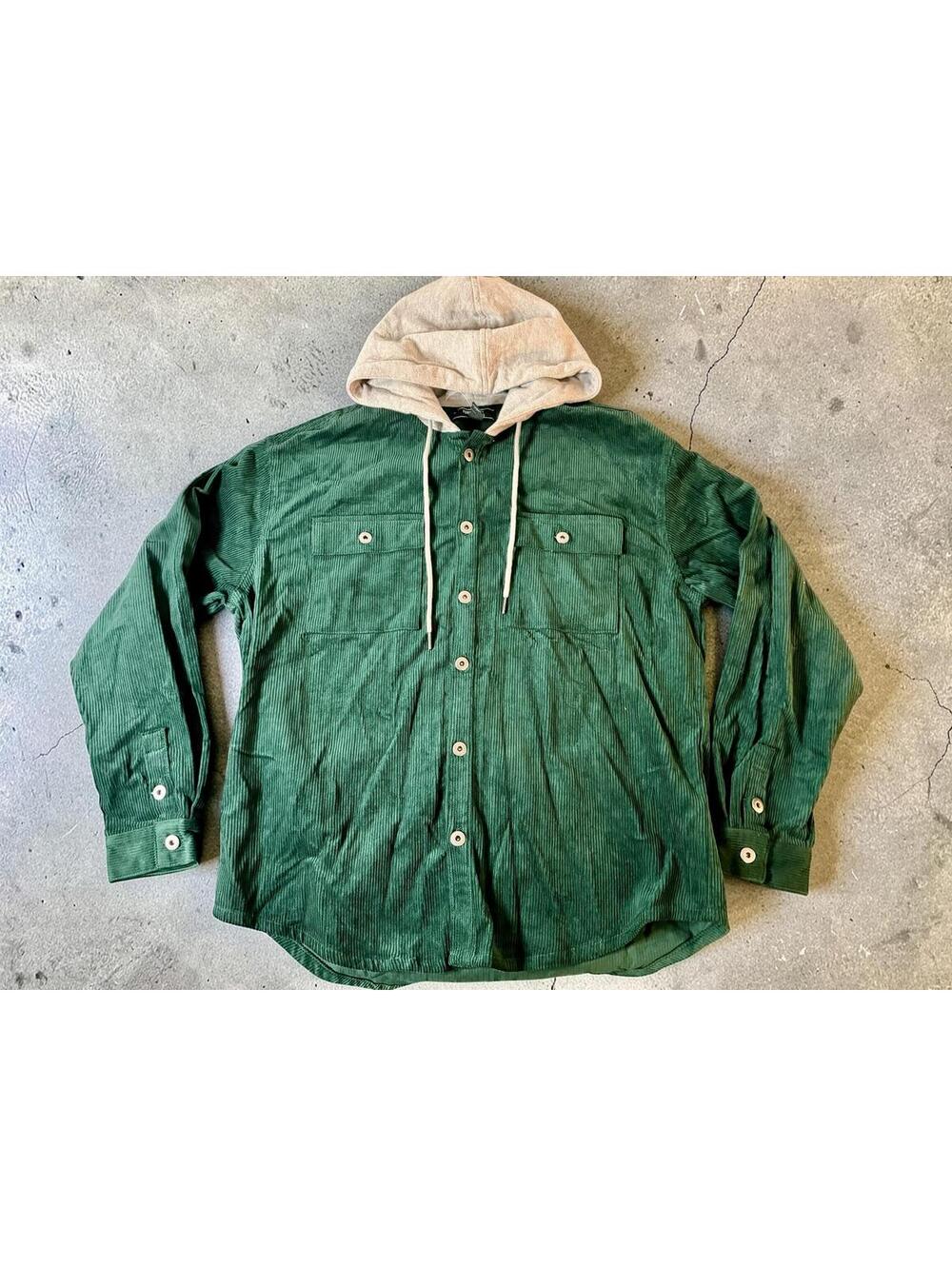 Green Corduroy Button-Up Hoodie Shirt Jacket